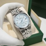 Rolex Explorer series, blue dial, silver case, silver bracelet.