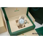 Rolex Explorer series, blue dial, silver case, silver bracelet.