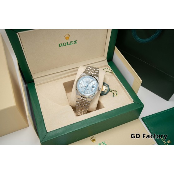 Rolex Explorer series, blue dial, silver case, silver bracelet.