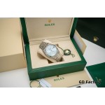 Rolex Explorer series, blue dial, silver case, silver bracelet.
