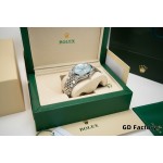 Rolex Explorer series, blue dial, silver case, silver bracelet.
