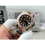 Rolex Yacht-Master series, brown dial, rose gold bezel, silver case, 40mm, two-tone Oyster bracelet.