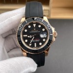 Rolex Yacht-Master series, black dial, black bezel, rose gold case, 40mm, rubber strap.
