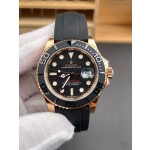 Rolex Yacht-Master series, black dial, black bezel, rose gold case, 40mm, rubber strap.