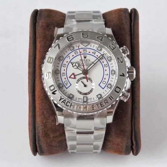 Rolex Yacht-Master series, white dial, silver bezel, silver case, 44mm, silver Oyster bracelet.
