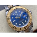 Rolex Yacht-Master series, blue dial, gold bezel, silver case, 44mm, two-tone Oyster bracelet.