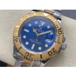 Rolex Yacht-Master series, blue dial, gold bezel, silver case, 44mm, two-tone Oyster bracelet.