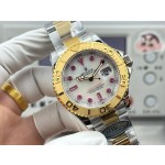 Rolex Yacht-Master series, with diamond-set mother-of-pearl dial, gold bezel, silver case, 40mm, two-tone Oyster bracelet.