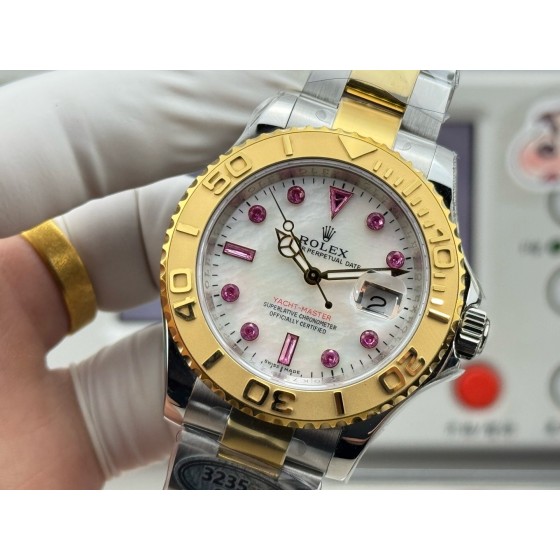 Rolex Yacht-Master series, with diamond-set mother-of-pearl dial, gold bezel, silver case, 40mm, two-tone Oyster bracelet.