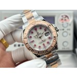 Rolex Yacht-Master series with diamond-set white dial, rose gold bezel, silver case, 40mm, two-tone Oyster bracelet.