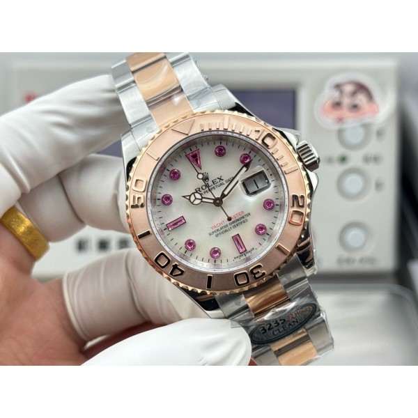 Rolex Yacht-Master series with diamond-set white dial, rose gold bezel, silver case, 40mm, two-tone Oyster bracelet.
