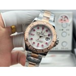 Rolex Yacht-Master series with diamond-set white dial, rose gold bezel, silver case, 40mm, two-tone Oyster bracelet.