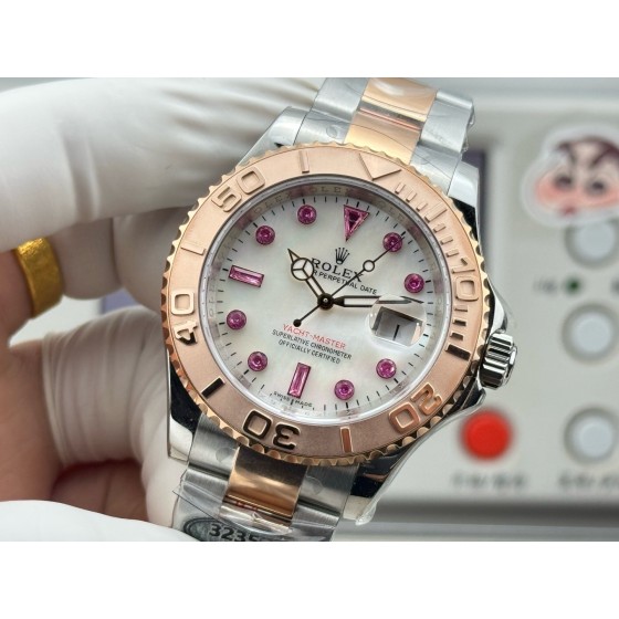 Rolex Yacht-Master series with diamond-set white dial, rose gold bezel, silver case, 40mm, two-tone Oyster bracelet.