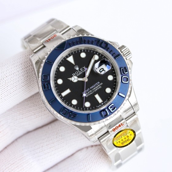 Rolex Yacht-Master series, black dial, blue bezel, silver case, 40mm, silver Oyster bracelet.
