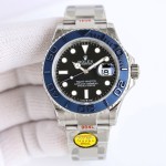 Rolex Yacht-Master series, black dial, blue bezel, silver case, 40mm, silver Oyster bracelet.