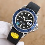 Rolex Yacht-Master series, black dial, blue bezel, silver case, 40mm, rubber strap.