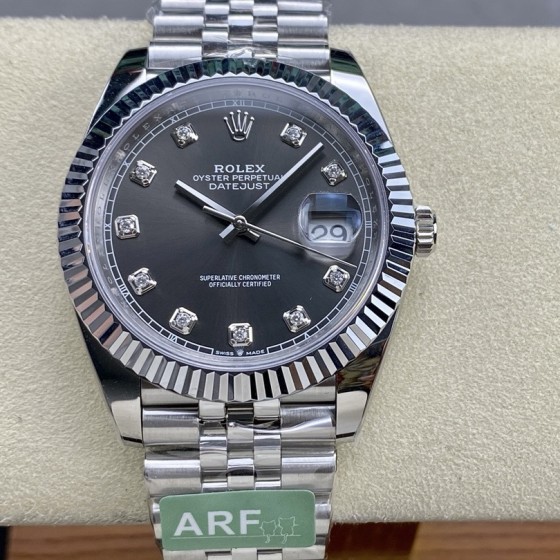 Datejust series men's watch with diamonds, gray dial, silver bezel, 41mm, silver five-link bracelet.