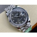 Datejust series men's watch with diamonds, gray dial, silver bezel, 41mm, silver five-link bracelet.