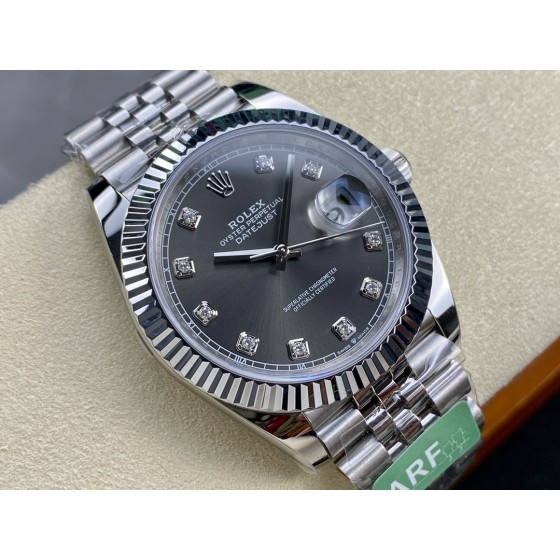 Datejust series men's watch with diamonds, gray dial, silver bezel, 41mm, silver five-link bracelet.