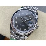 Datejust series men's watch with diamonds, gray dial, silver bezel, 41mm, silver five-link bracelet.