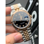 Datejust series men's watch, diamond-set black dial, gold bezel, 41mm, two-tone five-link bracelet.