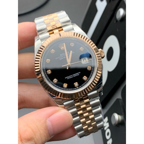 Datejust series men's watch, diamond-set black dial, gold bezel, 41mm, two-tone five-link bracelet.