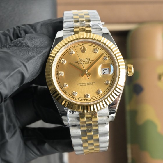 Datejust series men's watch with diamonds, gold dial, gold bezel, 41mm, two-tone five-link bracelet.