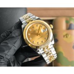 Datejust series men's watch with diamonds, gold dial, gold bezel, 41mm, two-tone five-link bracelet.
