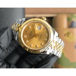 Datejust series men's watch with diamonds, gold dial, gold bezel, 41mm, two-tone five-link bracelet.