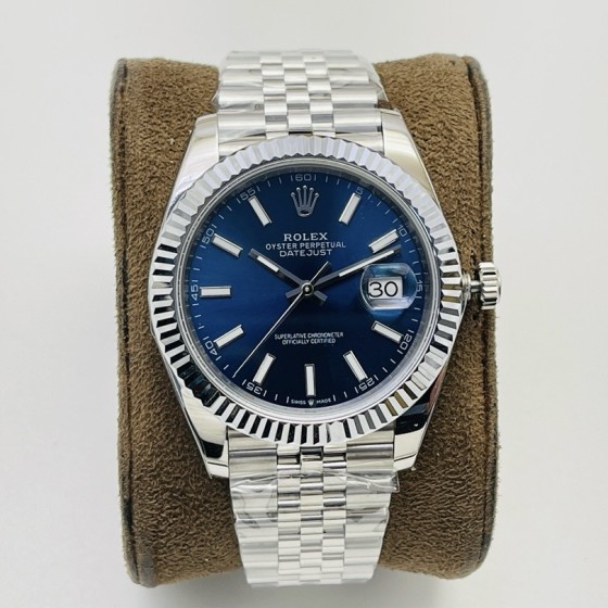 Datejust series men's and women's watches, blue dial, silver bezel, 36 and 41mm sizes, silver five-link bracelet.