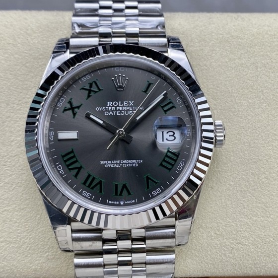 Datejust series men's watch, dark gray dial, silver bezel, 41mm, silver five-link bracelet.