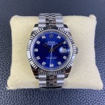Datejust series men's and women's watches with diamonds, blue dial, silver bezel, 36mm and 41mm sizes, and silver five-link bracelet.