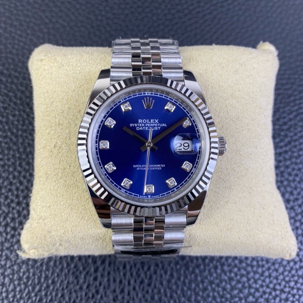Datejust series men's and women's watches with diamonds, blue dial, silver bezel, 36mm and 41mm sizes, and silver five-link bracelet.