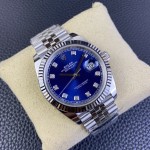 Datejust series men's and women's watches with diamonds, blue dial, silver bezel, 36mm and 41mm sizes, and silver five-link bracelet.