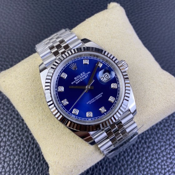 Datejust series men's and women's watches with diamonds, blue dial, silver bezel, 36mm and 41mm sizes, and silver five-link bracelet.