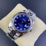 Datejust series men's and women's watches with diamonds, blue dial, silver bezel, 36mm and 41mm sizes, and silver five-link bracelet.