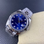 Datejust series men's and women's watches with diamonds, blue dial, silver bezel, 36mm and 41mm sizes, and silver five-link bracelet.
