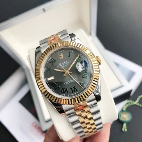 Datejust series men's watch, dark gray dial, gold bezel, 41mm, two-tone five-link bracelet.
