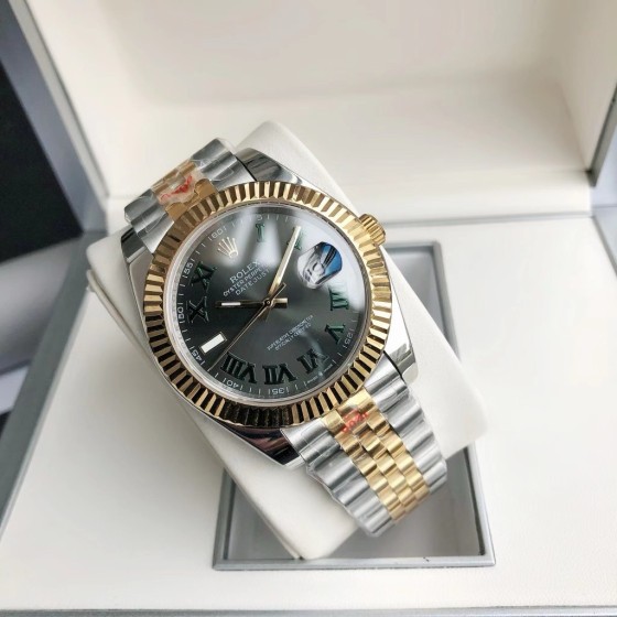 Datejust series men's watch, dark gray dial, gold bezel, 41mm, two-tone five-link bracelet.