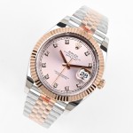 Log Series men's watch with diamonds, pink dial, rose gold bezel, 41mm case, and two-tone five-link bracelet.