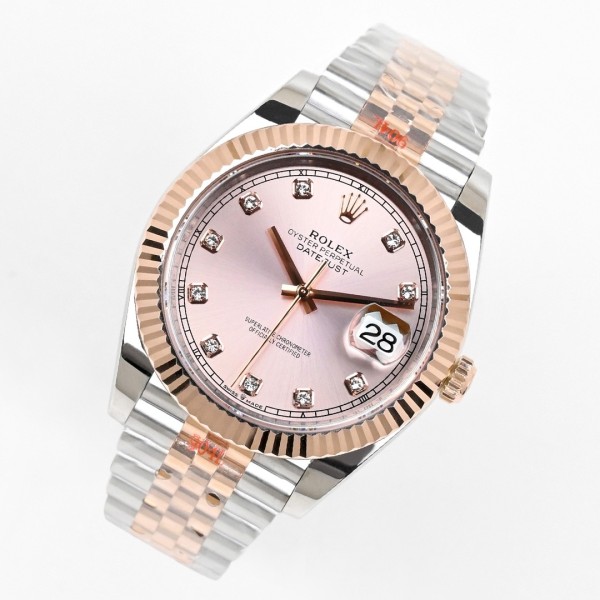 Log Series men's watch with diamonds, pink dial, rose gold bezel, 41mm case, and two-tone five-link bracelet.