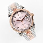 Log Series men's watch with diamonds, pink dial, rose gold bezel, 41mm case, and two-tone five-link bracelet.