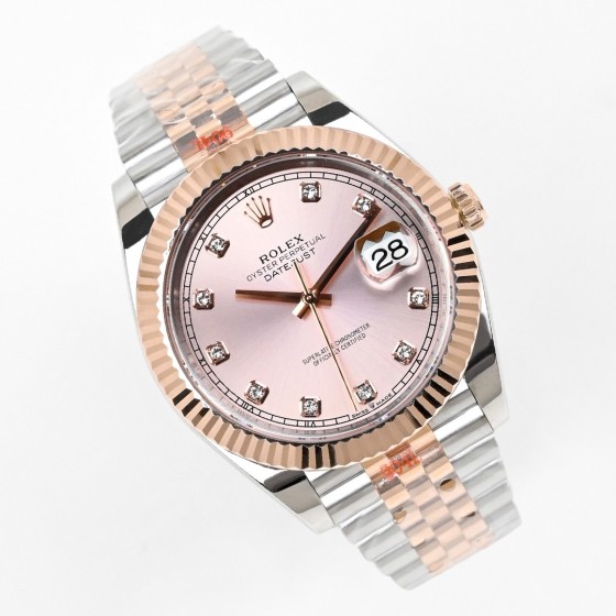 Log Series men's watch with diamonds, pink dial, rose gold bezel, 41mm case, and two-tone five-link bracelet.