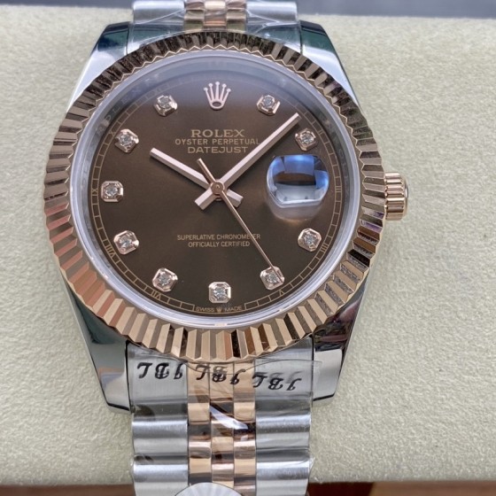 Log Series men's watch with diamonds, chocolate-colored dial, rose gold bezel, 41mm case, and two-tone five-link bracelet.