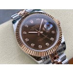 Log Series men's watch with diamonds, chocolate-colored dial, rose gold bezel, 41mm case, and two-tone five-link bracelet.