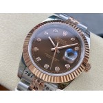 Log Series men's watch with diamonds, chocolate-colored dial, rose gold bezel, 41mm case, and two-tone five-link bracelet.