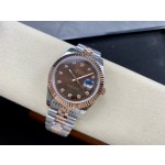 Log Series men's watch with diamonds, chocolate-colored dial, rose gold bezel, 41mm case, and two-tone five-link bracelet.