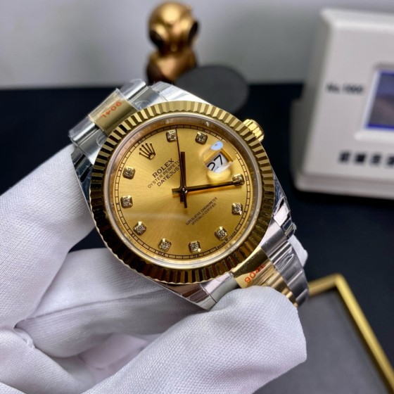 Datejust series men's watch with diamonds, gold dial, gold bezel, 41mm, two-tone Oyster bracelet.