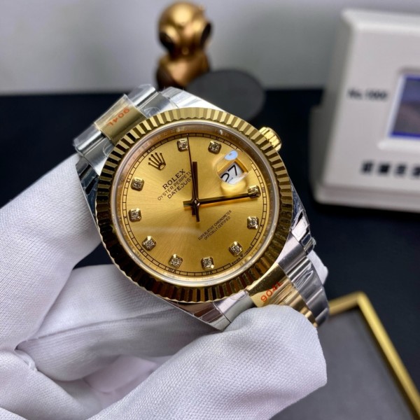 Datejust series men's watch with diamonds, gold dial, gold bezel, 41mm, two-tone Oyster bracelet.