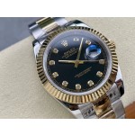 Datejust series men's watch, diamond-set black dial, gold bezel, 41mm, two-tone Oyster bracelet.